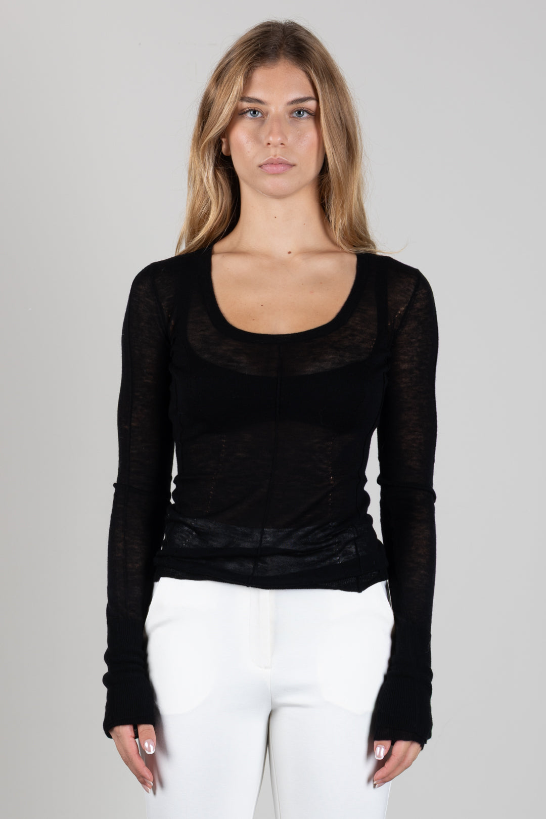 Elisabetta Franchi Maglia Semitrasparente con Costruzione Bustier MK07W66E2 NERO