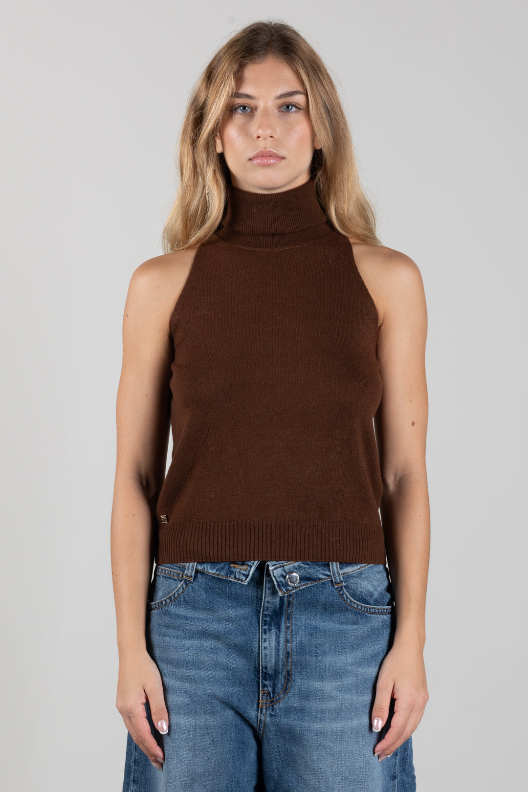 Manila Grace Maglia Smanicata con Collo Alto M404WU POTTING SOIL :AI26