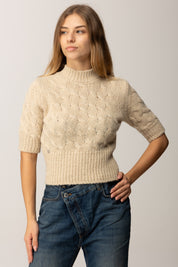 Manila Grace Maglioncino Crop Intrecciato a Maniche Corte M400WU VANILLA