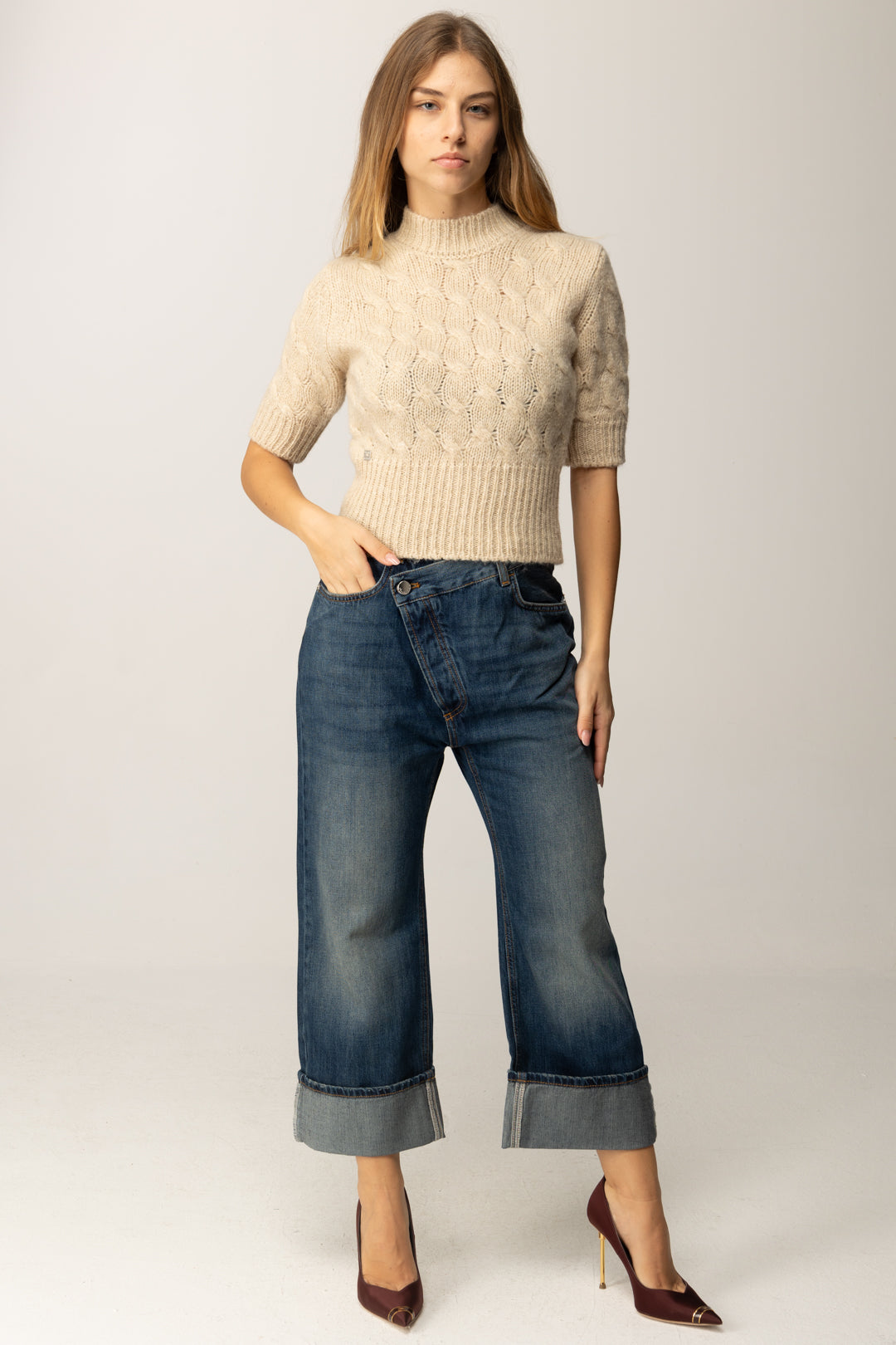 Manila Grace Maglioncino Crop Intrecciato a Maniche Corte M400WU VANILLA