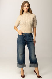 Manila Grace Maglioncino Crop Intrecciato a Maniche Corte M400WU VANILLA