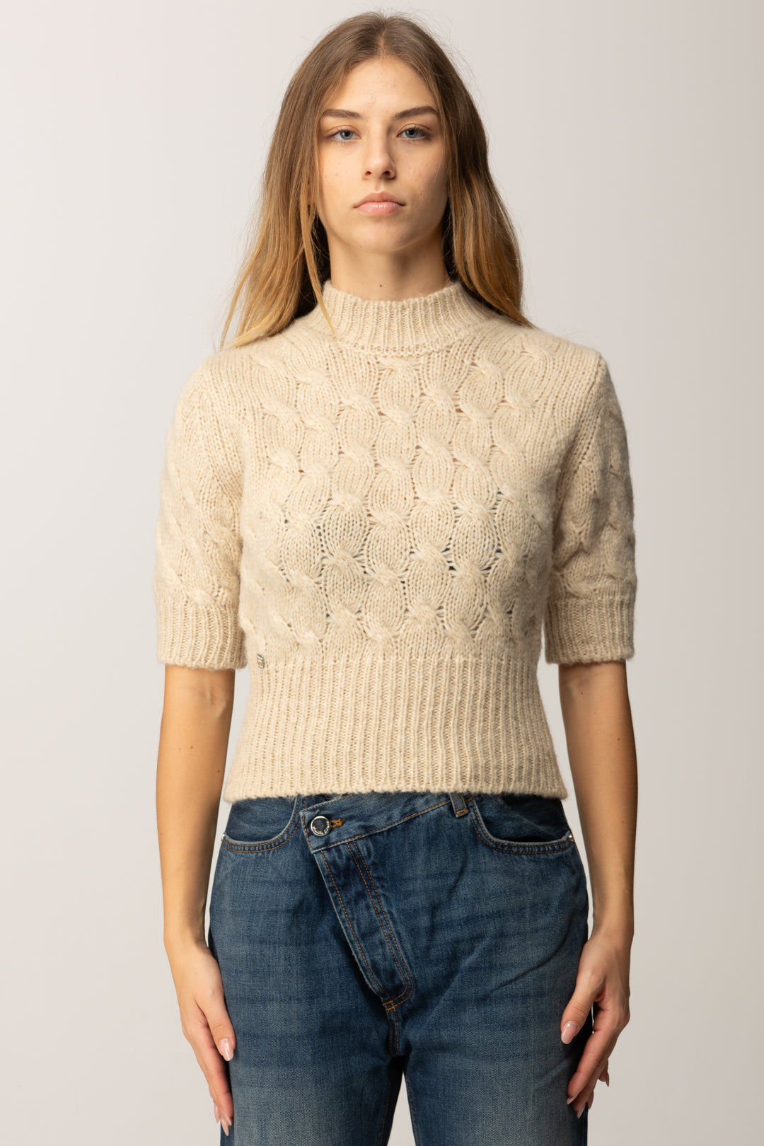 Manila Grace Maglioncino Crop Intrecciato a Maniche Corte M400WU VANILLA