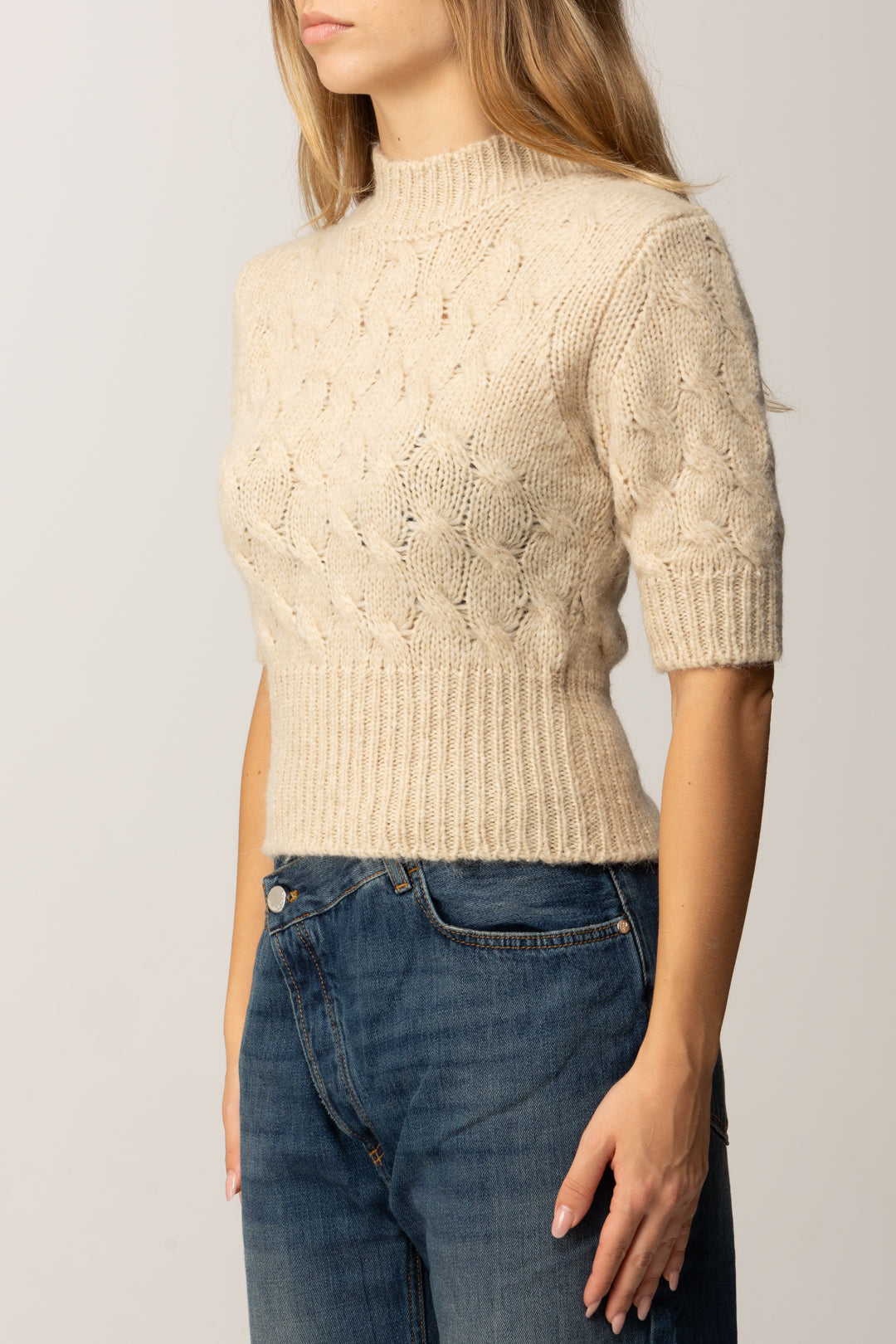 Manila Grace Maglioncino Crop Intrecciato a Maniche Corte M400WU VANILLA