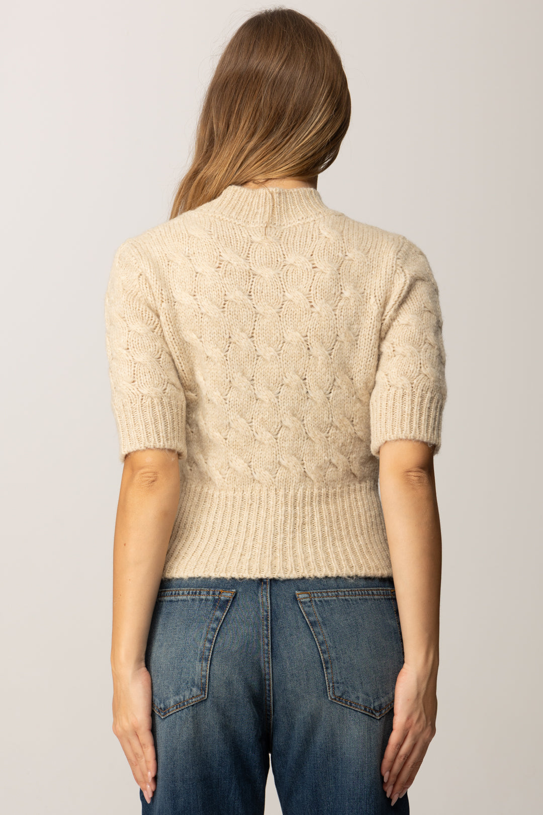 Manila Grace Maglioncino Crop Intrecciato a Maniche Corte M400WU VANILLA