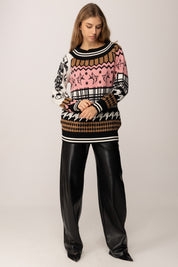 Akep Maglione con Stampa Multigrafica e Scollo a Barca
 MGKD11090 BIANCO/ROSA