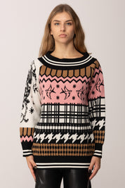 Akep Maglione con Stampa Multigrafica e Scollo a Barca
 MGKD11090 BIANCO/ROSA