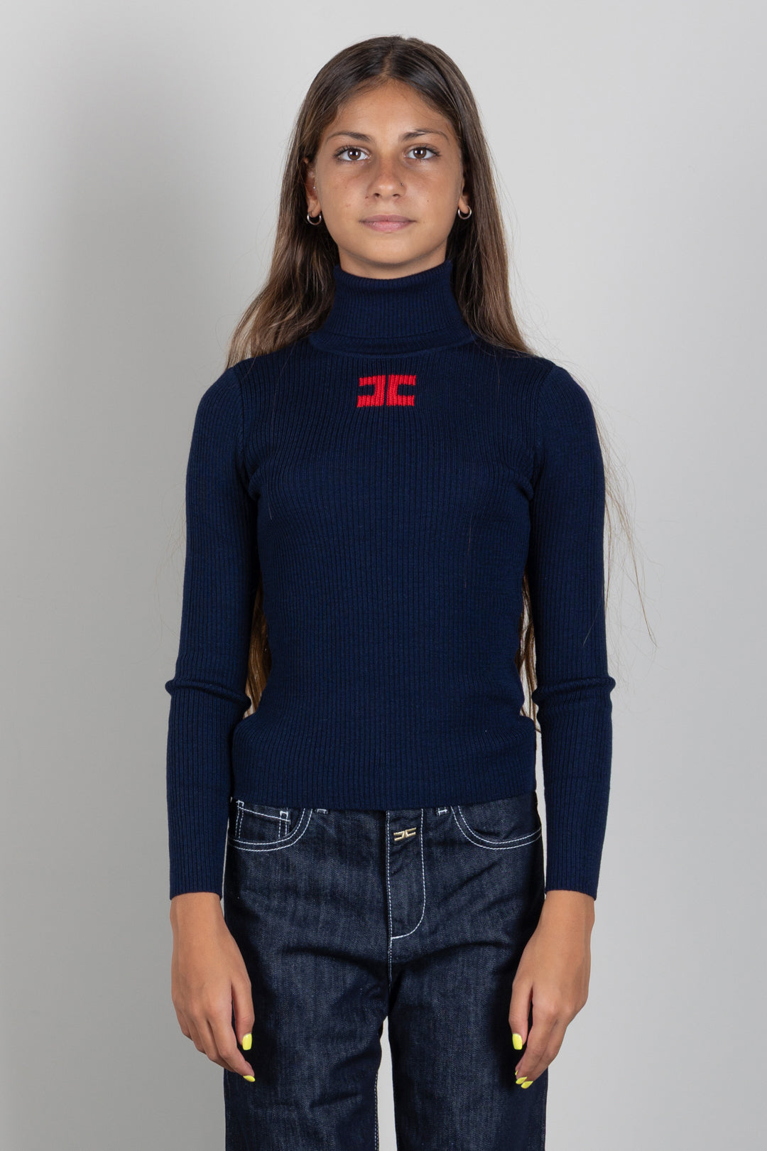 Elisabetta Franchi Bambina Maglione Dolcevita a Coste con Logo Intarsiato EFMA210CFL012.4162