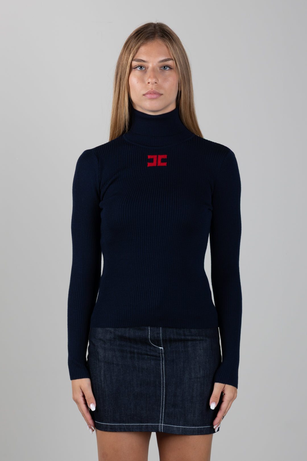 Elisabetta Franchi Bambina Maglione Dolcevita a Coste con Logo Intarsiato EFMA210CFL012.4162