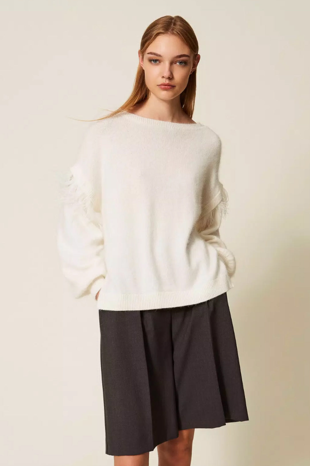 Twin-set Maglione In Misto Angora con Piume 252TT3185 NEVE