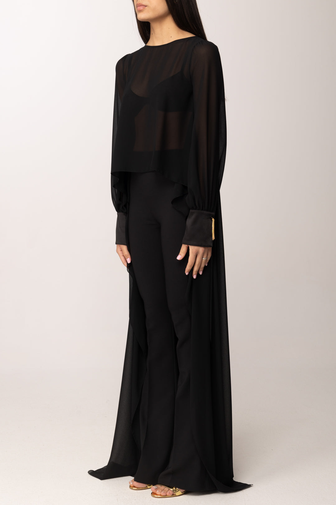 Elisabetta Franchi Mantella Lunga In Chiffon Trasparente MT00265E2 NERO