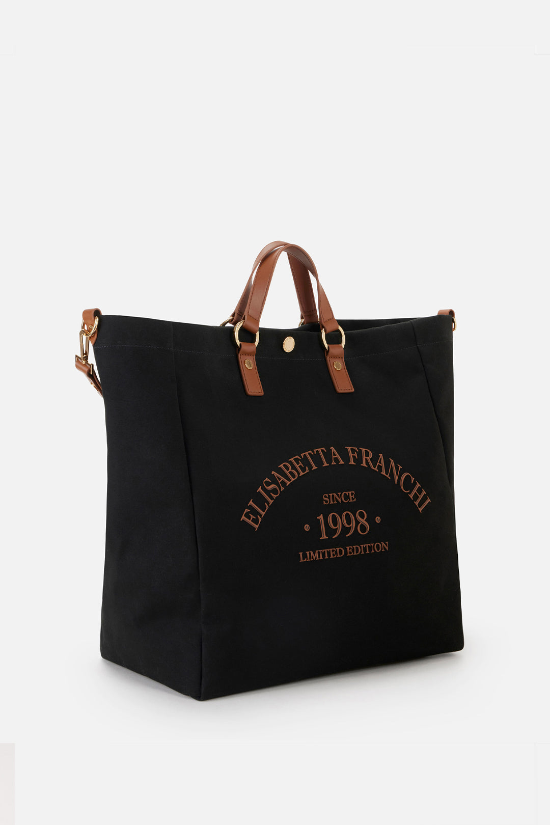 Elisabetta Franchi Maxi Tote In Tela con Lettering BS14A62E2 NERO/CUOIO