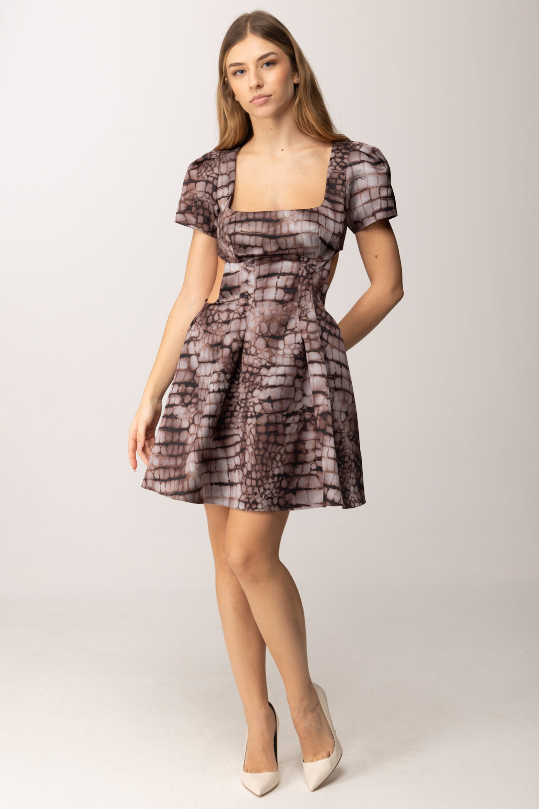 Elisabetta Franchi Mini Abito a Ruota In Duchesse con Stampa Alligatore AB89561E2 CACAO