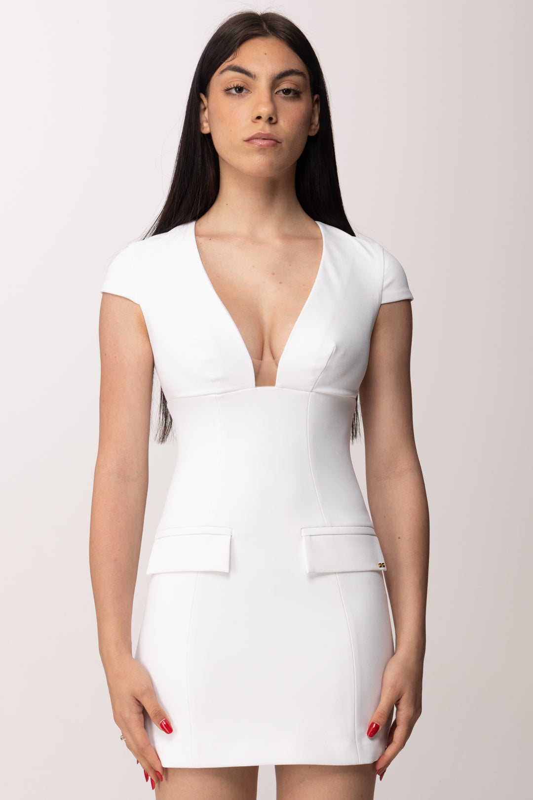 Elisabetta Franchi Mini Abito Aderente con Scollo Profondo AB92661E2 AVORIO