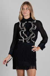 Elisabetta Franchi Mini Abito Bicolore con Ruches e Frange AAAB02267E2 NERO/BURRO