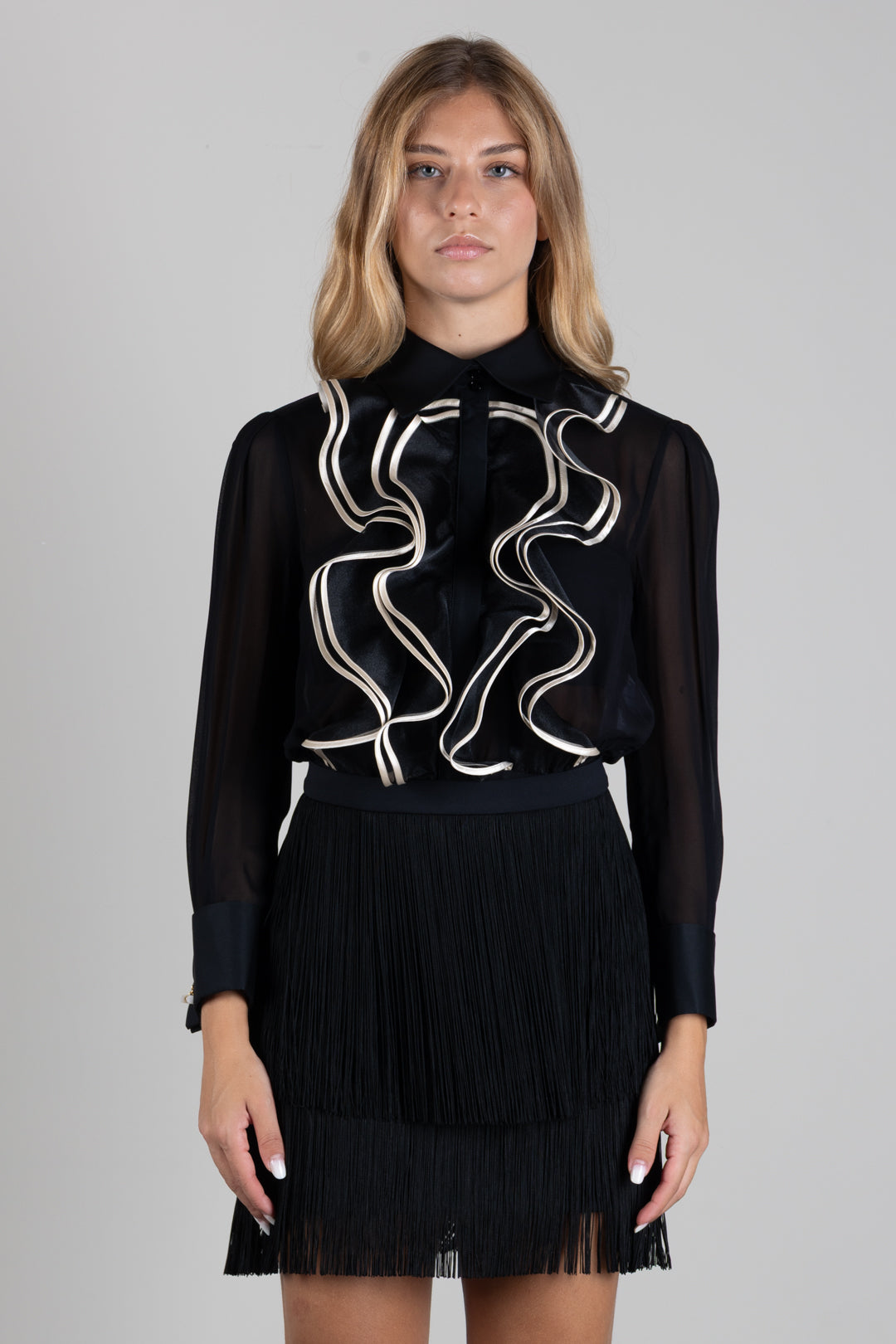 Elisabetta Franchi Mini Abito Bicolore con Ruches e Frange AAAB02267E2 NERO/BURRO