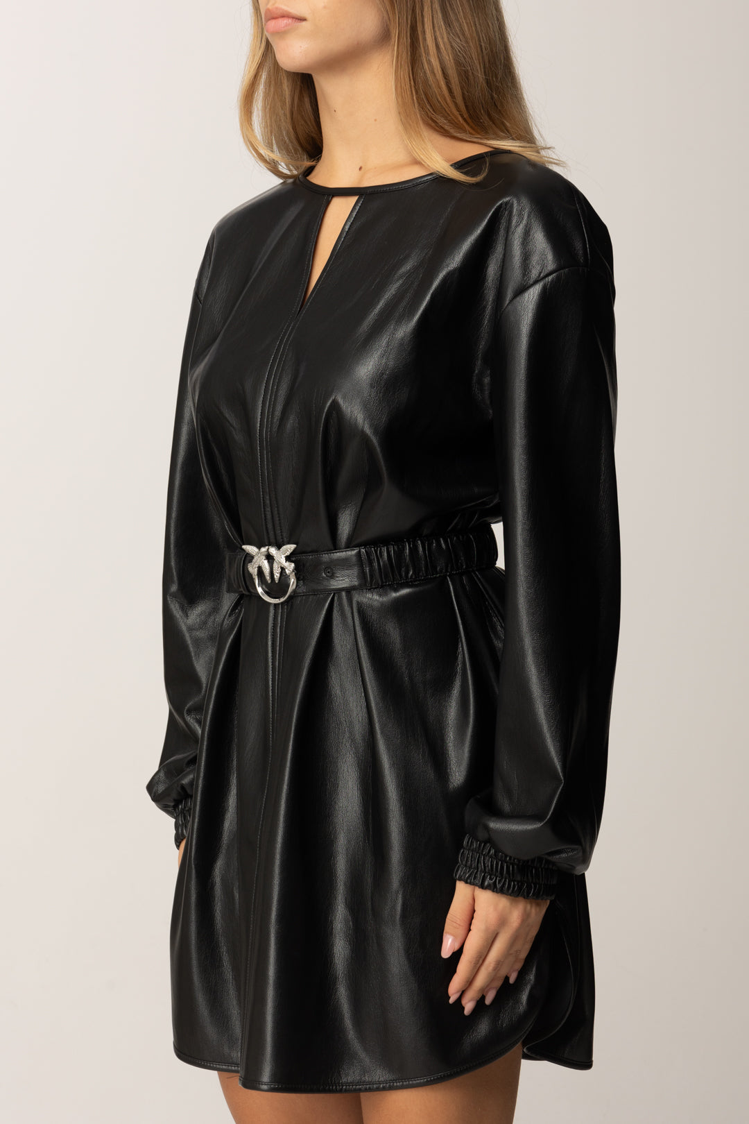 Pinko Mini Abito con Cintura In Tessuto Spalmato NERO LIMOUSINE