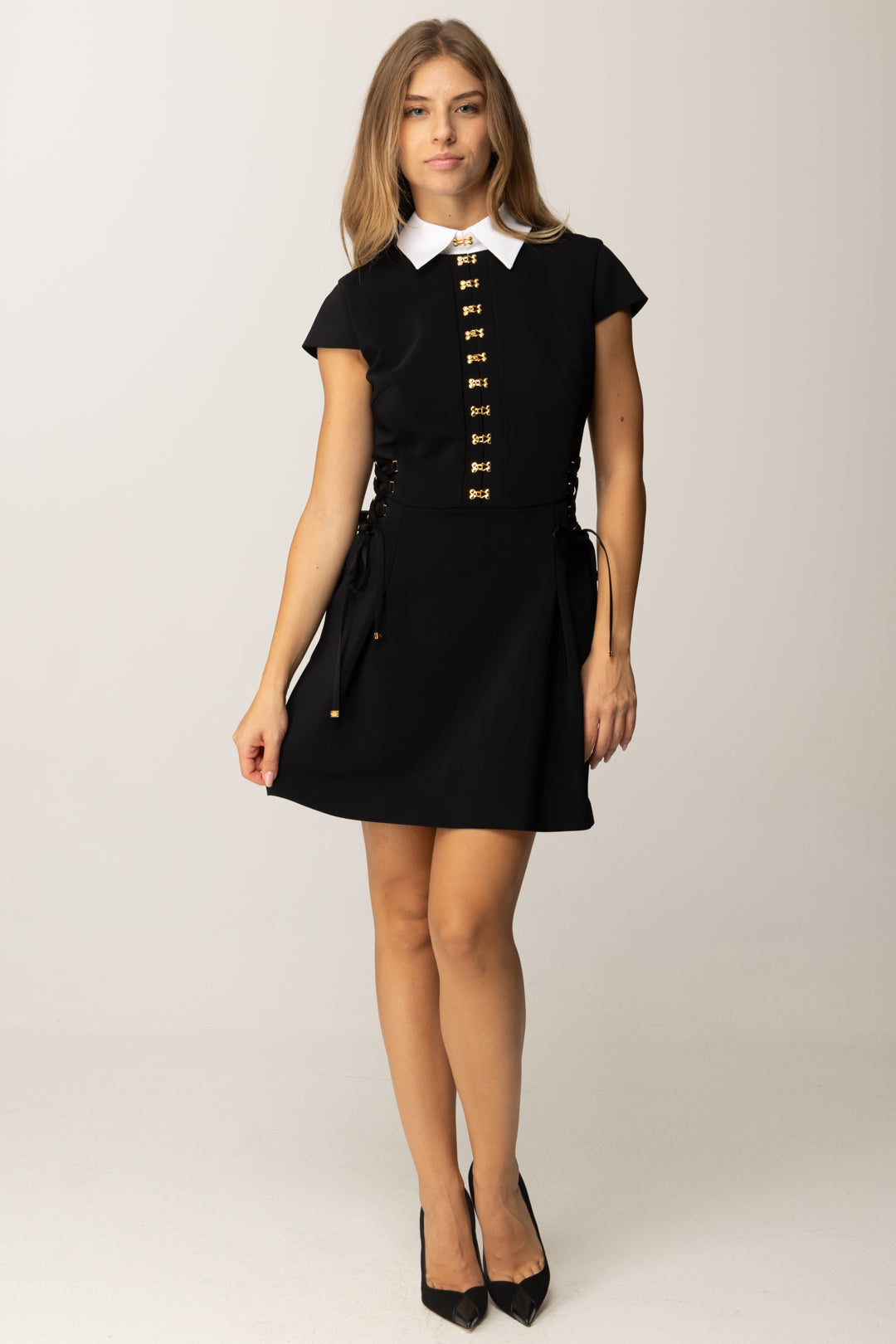 Elisabetta Franchi Mini Abito con Criss-cross e Ganci Gioiello AB89957E2 NERO/BIANCO