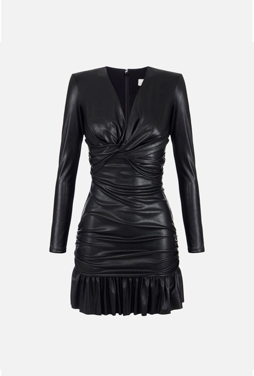 Elisabetta Franchi Mini Abito con Drappeggio e Balza Effetto Pelle AB98966E2 NERO
