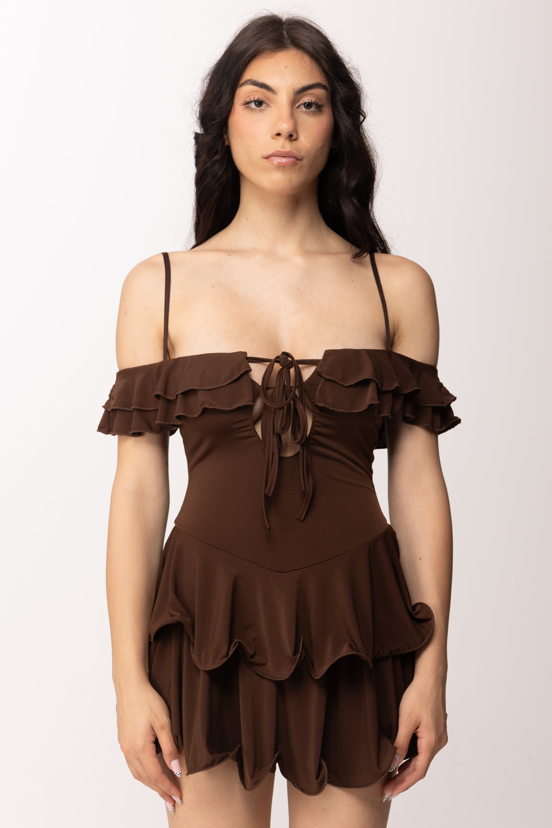 Khloe Femme Mini Abito con Ruches e Balze 6023 CACAO