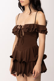 Khloe Femme Mini Abito con Ruches e Balze 6023 CACAO