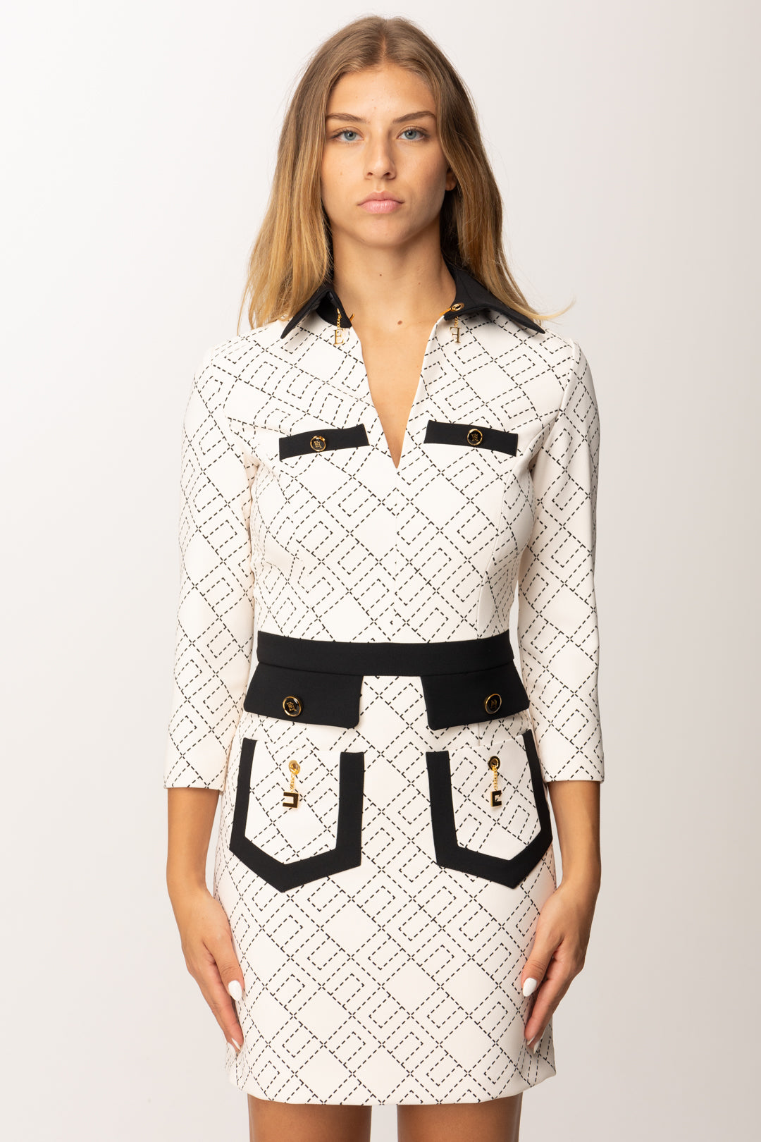 Elisabetta Franchi Mini Abito con Stampa e Color Block ABS0156E2 MILK/NERO