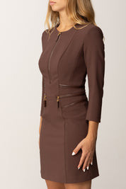 Elisabetta Franchi Mini Abito Doppio Crepe con Zip e Inserti Ecopelle AB82356E2 COFFEE