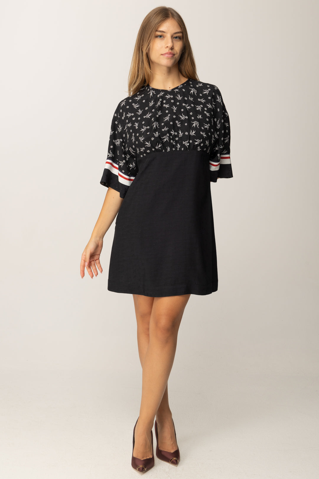 Pinko Mini Abito Flare con Stampa Love Birds NERO/BIANCO