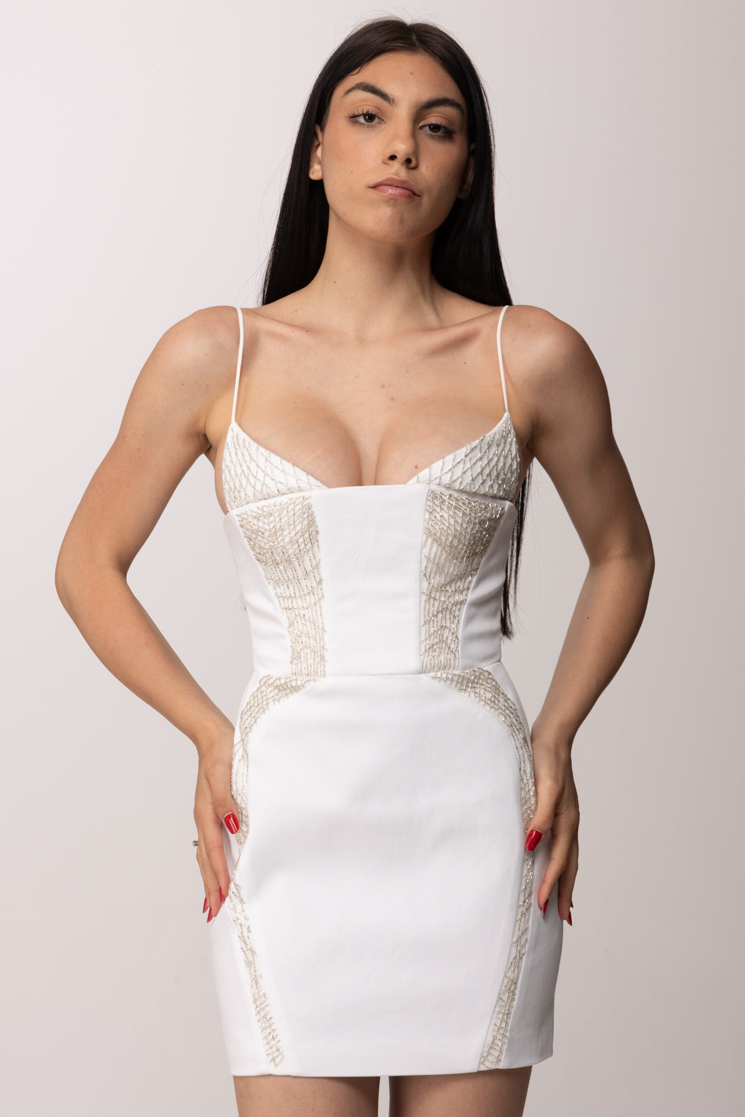 Elisabetta Franchi Mini Abito In Gabardina con Tulle e Ricami AB86661E2 AVORIO