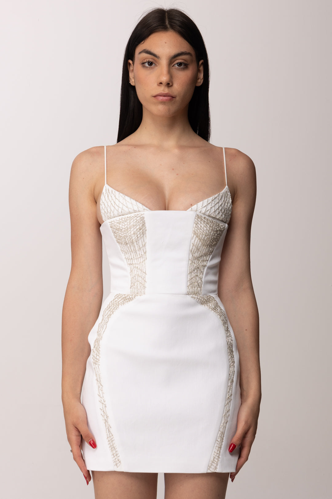 Elisabetta Franchi Mini Abito In Gabardina con Tulle e Ricami AB86661E2 AVORIO