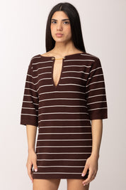 Elisabetta Franchi Mini Abito In Maglia a Righe In Punto Pannocchia AM42S62E2 CACAO/AVORIO