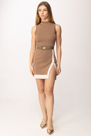Elisabetta Franchi Mini Abito In Maglia Collo Alto e Cintura AM02S61E2 ARGILLA/BURRO