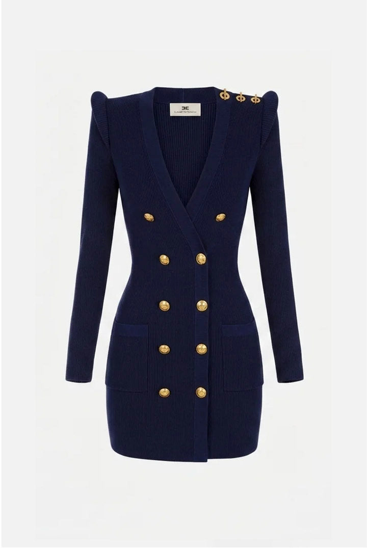 Elisabetta Franchi Mini Abito In Maglia con Bottoni Gioiello AM13S66E2 BLU NOTTE