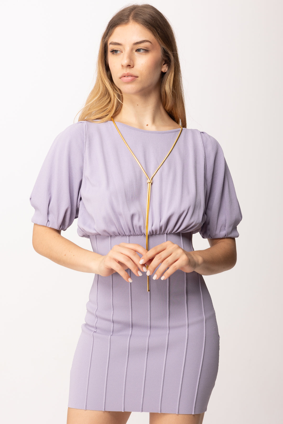 Elisabetta Franchi Mini Abito In Maglia con Cintura Gioiello AM94T62E2 LILLA