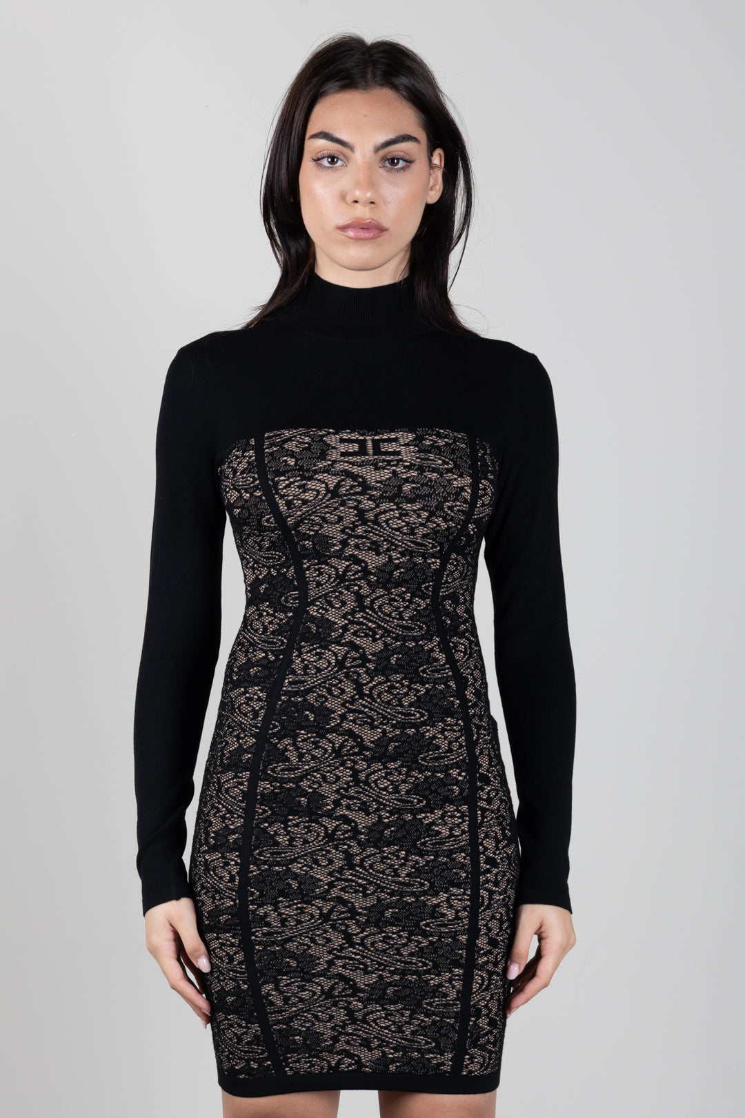 Elisabetta Franchi Mini Abito In Maglia Jacquard Effetto Pizzo AM27Q66E2 NERO/PELLE