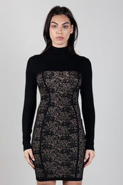 Elisabetta Franchi Mini Abito In Maglia Jacquard Effetto Pizzo AM27Q66E2 NERO/PELLE