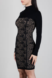 Elisabetta Franchi Mini Abito In Maglia Jacquard Effetto Pizzo AM27Q66E2 NERO/PELLE
