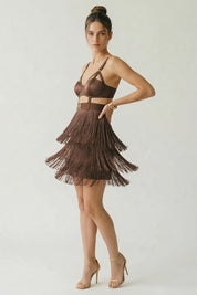 Elisabetta Franchi Mini Abito Top Bustier e Gonna con Frange AB96662E2 CACAO