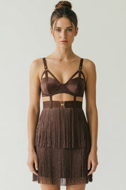 Elisabetta Franchi Mini Abito Top Bustier e Gonna con Frange AB96662E2 CACAO