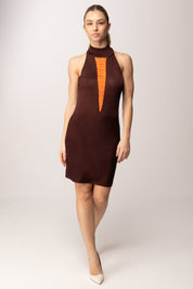 Patrizia Pepe Mini Abito Tricot con Inserto a Perline 2A3057 K326 WOOD BROWN