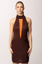 Patrizia Pepe Mini Abito Tricot con Inserto a Perline 2A3057 K326 WOOD BROWN