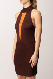 Patrizia Pepe Mini Abito Tricot con Inserto a Perline 2A3057 K326 WOOD BROWN