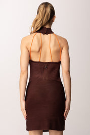 Patrizia Pepe Mini Abito Tricot con Inserto a Perline 2A3057 K326 WOOD BROWN