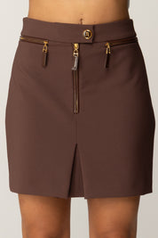Elisabetta Franchi Minigonna In Doppio Crepe con Dettagli Zip GO13156E2 COFFEE