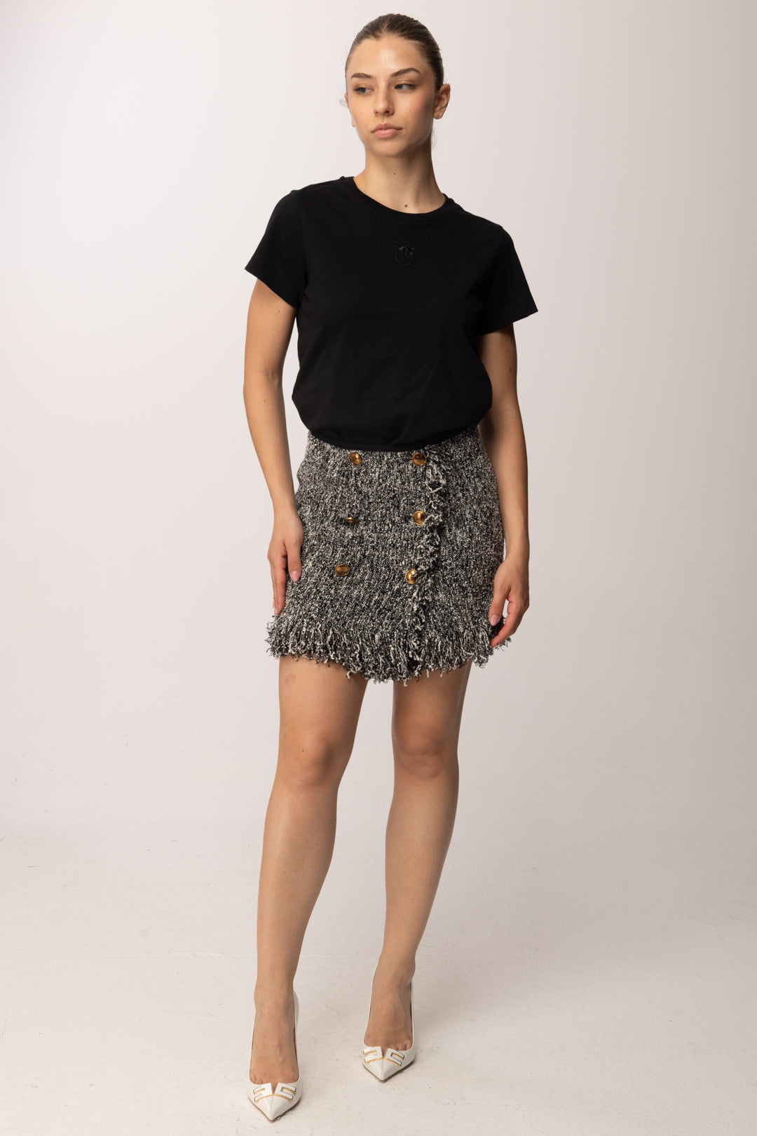 Elisabetta Franchi Minigonna In Maglia Bouclé con Orli Sfrangiati GK32R62E2 SALEPEPE/NERO