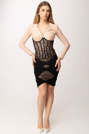 Elisabetta Franchi Minigonna In Pizzo con Fascioni In Jersey GO17662E2 NERO/NUDE