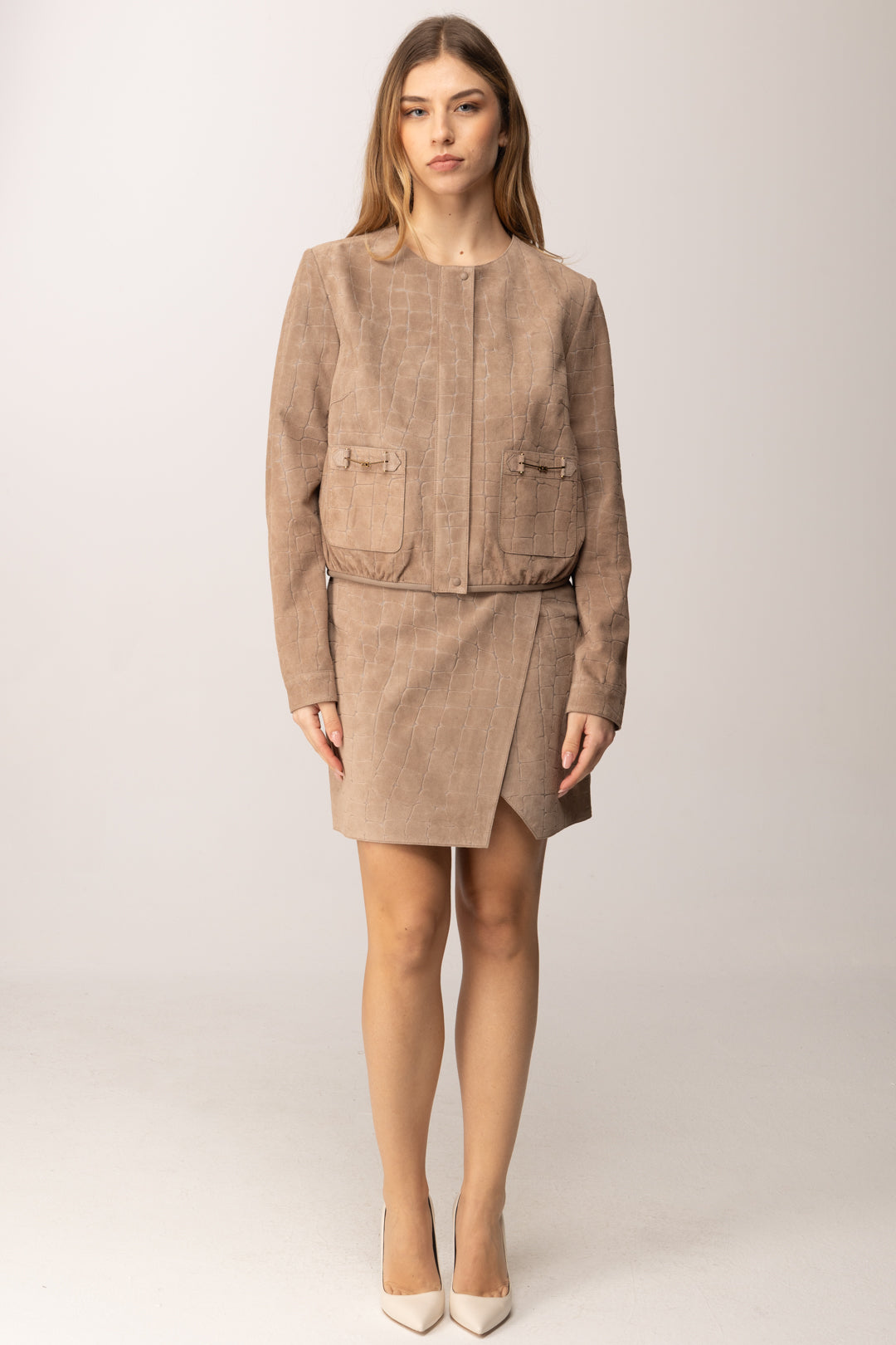 Elisabetta Franchi Minigonna In Suede con Stampa Alligatore GP10G61E2 ARGILLA