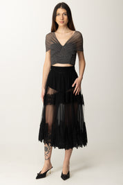 Elisabetta Franchi Top Crop In Tulle Stampa Pois TO03452E2 NERO/BURRO