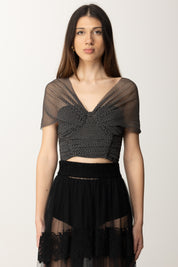 Elisabetta Franchi Top Crop In Tulle Stampa Pois TO03452E2 NERO/BURRO