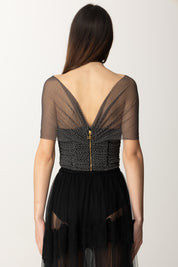 Elisabetta Franchi Top Crop In Tulle Stampa Pois TO03452E2 NERO/BURRO