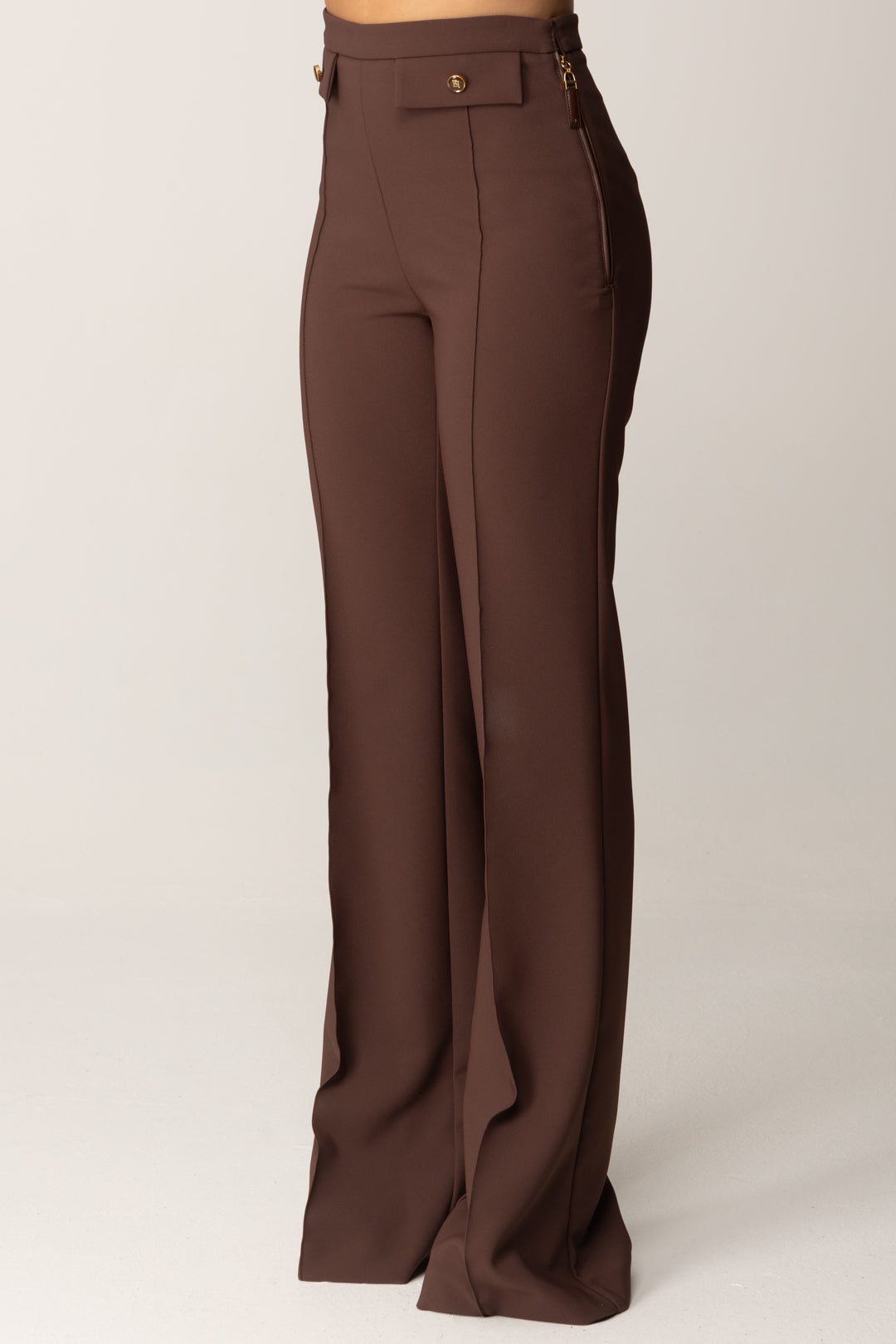Elisabetta Franchi Pantalone a Palazzo In Doppio Crêpe PA12156E2 COFFEE